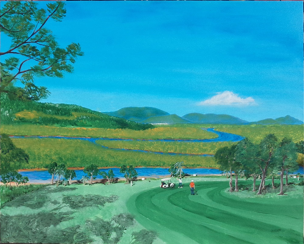 Painting currently displayed at the Emu Park Art Gallery. (from Tues 11/7/2017) New Painting. One for the Golfers or lovers of Emu Parks Coorooman Creek – This one is title “King Tide at Coorooman from the 6th”. Acrylic on canvas. Unframed - Large paintin 1010cm x 76cm. Price $400.00 I finished ‘King Tide’ early July 2017 - artist Jeff Quigley